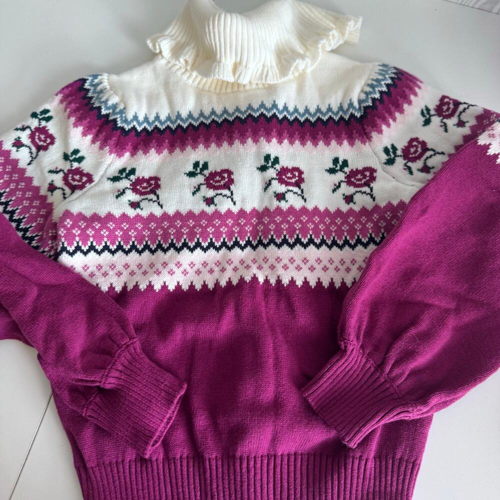 Girls Janie and Jack Maroon & White Fair Isle Sweater Size 6 Ruffle Turtleneck